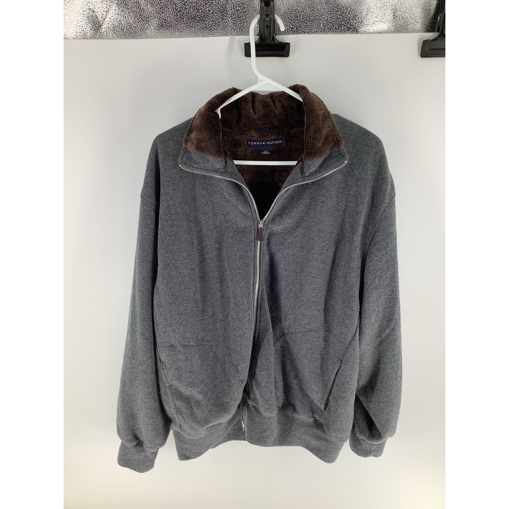 Tommy Hilfiger Mens Gray Full Zip Faux Fur Lined Fleece Jacket Mock Neck Large